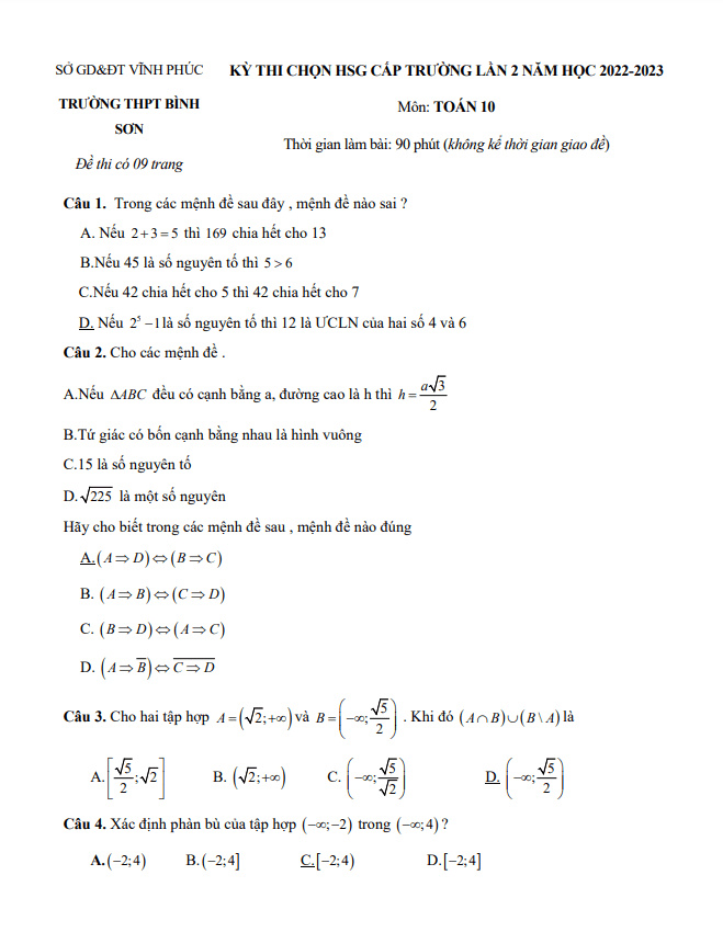 de hsg cap truong lop 10 mon toan lan 2 nam 2022 2023 truong thpt binh son vinh phuc d