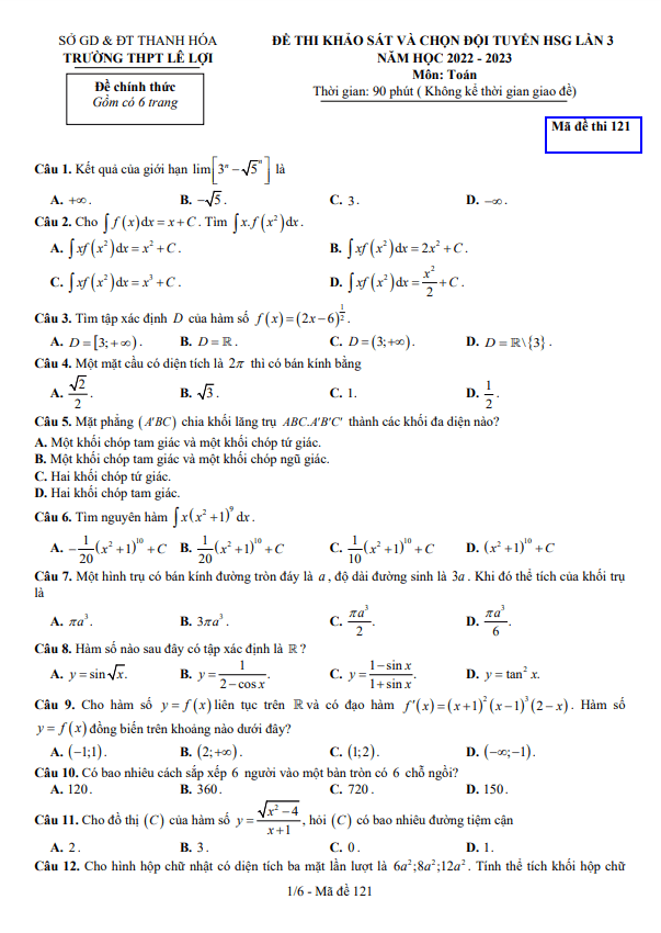 de hsg lan 3 lop 12 mon toan nam 2022 2023 truong thpt le loi thanh hoa d