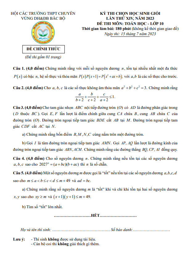 de hsg lop 10 mon toan lan 14 nam 2023 hoi cac truong thpt chuyen dh db bac bo d