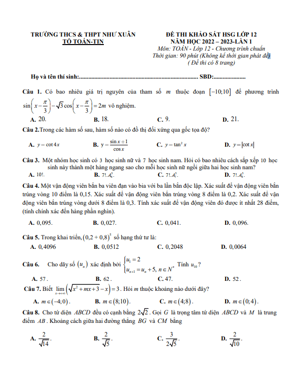 de hsg lop 12 mon toan nam 2022 2023 lan 1 truong thcs thpt nhu xuan thanh hoa d