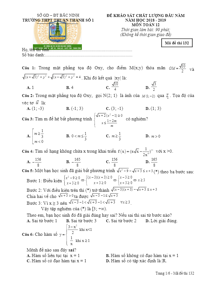 Đề khảo sát chất lượng đầu năm 2018 2019 lớp 12 môn Toán trường Thuận Thành 1 Bắc Ninh 4 de khao sat chat luong dau nam 2018 2019 lop 12 mon toan truong thuan thanh 1 bac ninh d