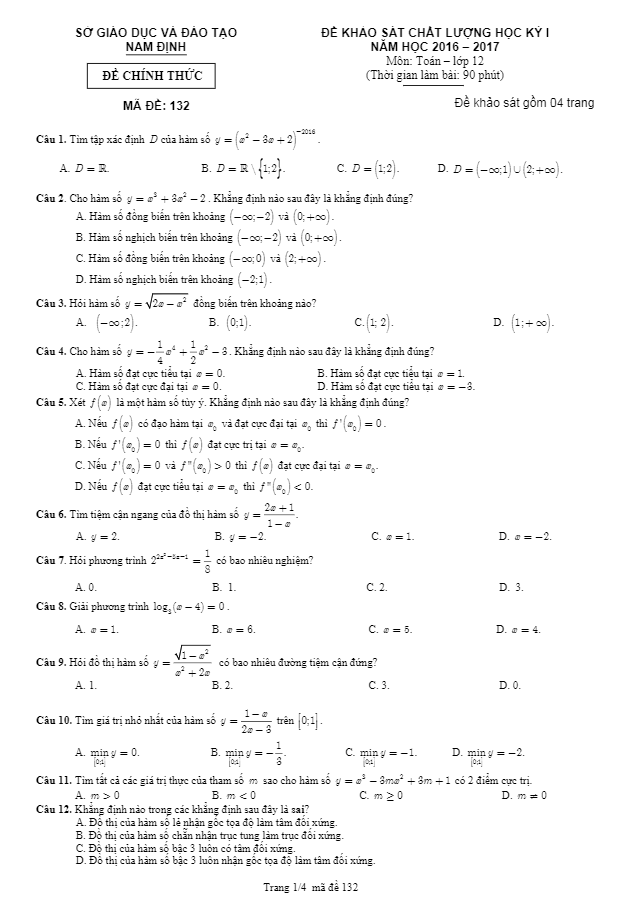 de khao sat chat luong hki lop 12 mon toan nam hoc 2016 2017 so gd va dt nam dinh d