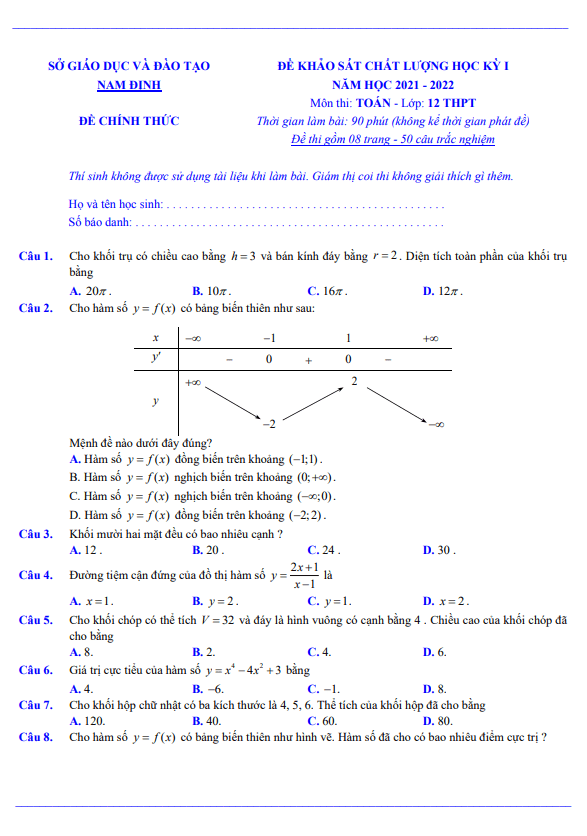 Đề khảo sát chất lượng học kì 1 (HK1) lớp 12 môn Toán năm 2021 2022 sở GD ĐT Nam Định 3 de khao sat chat luong hoc ki 1 hk1 lop 12 mon toan nam 2021 2022 so gd dt nam dinh d