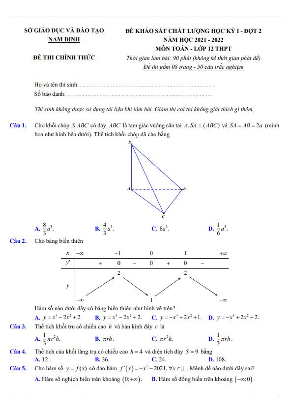 de khao sat chat luong hoc ki 1 hk1 lop 12 mon toan nam 2021 2022 so gd dt nam dinh dot 2 d