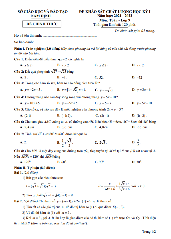 de khao sat chat luong hoc ki 1 hk1 lop 9 mon toan nam 2021 2022 so gd dt nam dinh d