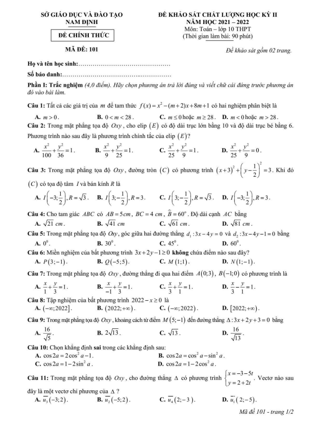 Đề khảo sát chất lượng học kì 2 (HK2) lớp 10 môn Toán năm 2021 2022 sở GD ĐT Nam Định 2 de khao sat chat luong hoc ki 2 hk2 lop 10 mon toan nam 2021 2022 so gd dt nam dinh d