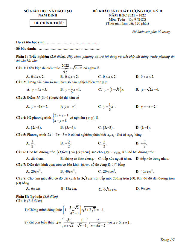 Đề khảo sát chất lượng học kì 2 (HK2) lớp 9 môn Toán năm 2021 2022 sở GD ĐT Nam Định 6 de khao sat chat luong hoc ki 2 hk2 lop 9 mon toan nam 2021 2022 so gd dt nam dinh d