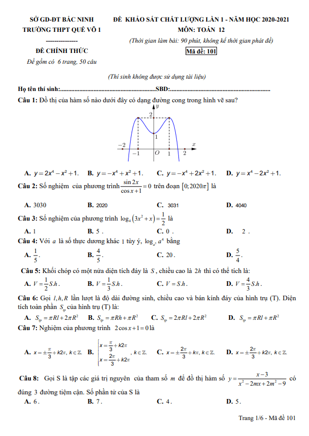 de khao sat chat luong lan 1 lop 12 mon toan nam 2020 2021 truong que vo 1 bac ninh d