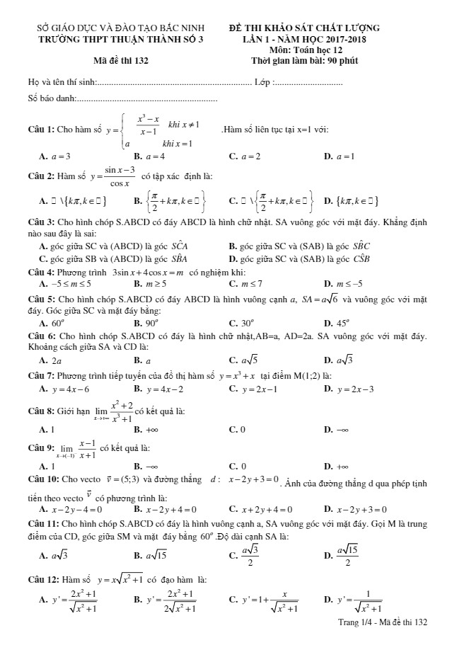 de khao sat chat luong lan 1 nam hoc 2017 e28093 2018 lop 12 mon toan truong thpt thuan thanh 3 e28093 bac ninh d