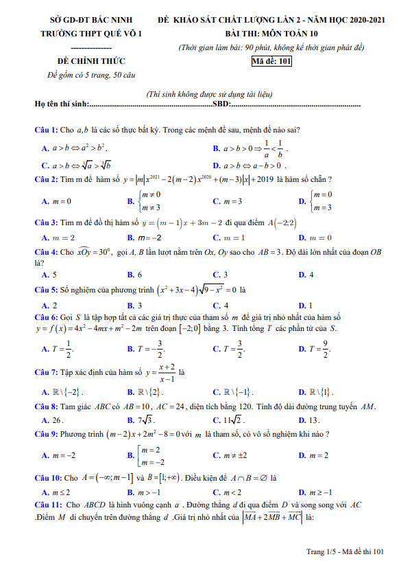 de khao sat chat luong lan 2 lop 10 mon toan nam 2020 2021 truong que vo 1 bac ninh d