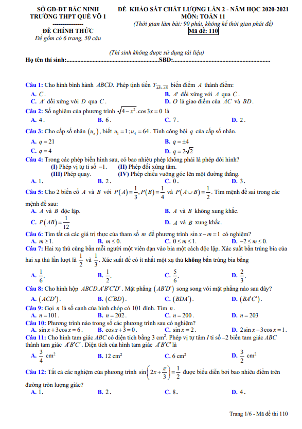 de khao sat chat luong lan 2 lop 11 mon toan nam 2020 2021 truong que vo 1 bac ninh d