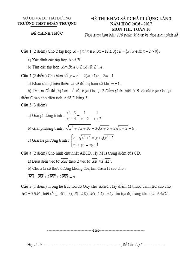 de khao sat chat luong lop 10 mon toan truong doan thuong hai duong lan 2 d