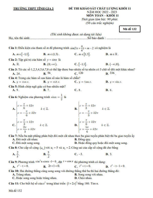 de khao sat chat luong lop 11 mon toan nam 2022 2023 truong tinh gia 3 thanh hoa d
