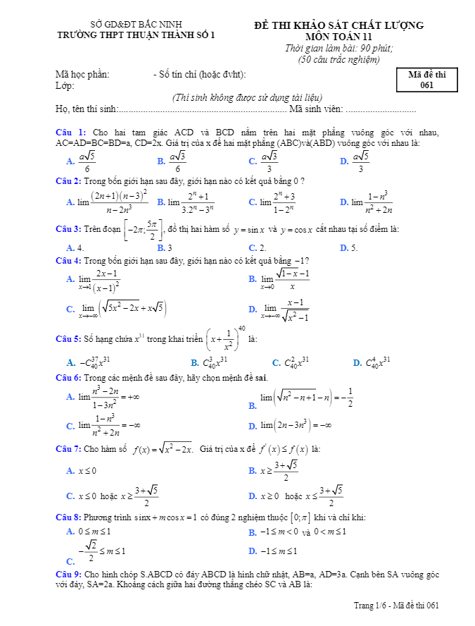 de khao sat chat luong lop 11 mon toan truong thpt thuan thanh 1 bac ninh d