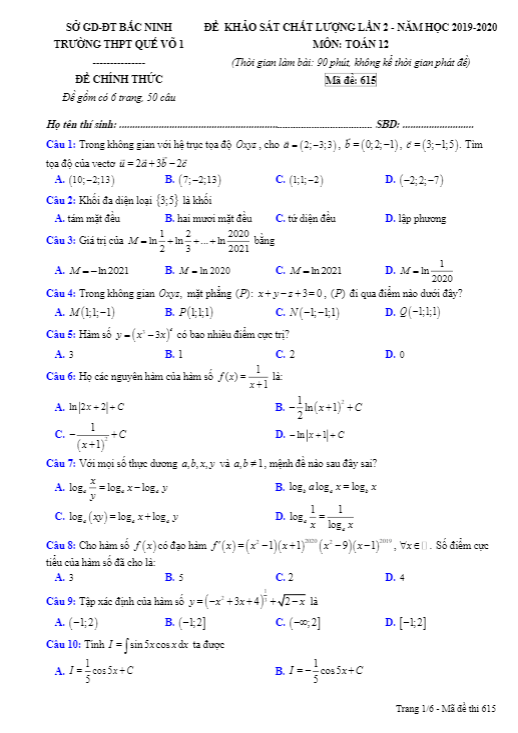 de khao sat chat luong lop 12 mon toan lan 2 nam 2019 2020 truong que vo 1 bac ninh d