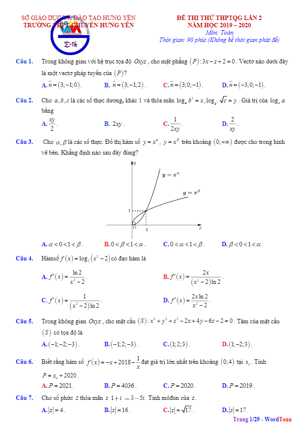 Đề khảo sát chất lượng lớp 12 môn Toán lần 2 năm 2019 2020 trường THPT chuyên Hưng Yên 3 de khao sat chat luong lop 12 mon toan lan 2 nam 2019 2020 truong thpt chuyen hung yen d