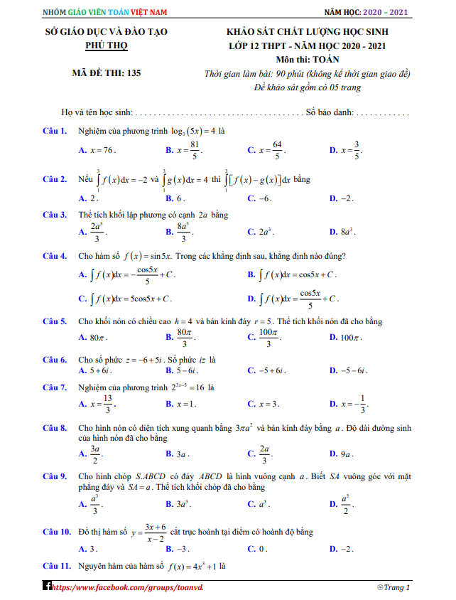 de khao sat chat luong lop 12 mon toan nam 2020 2021 so gd dt phu tho d
