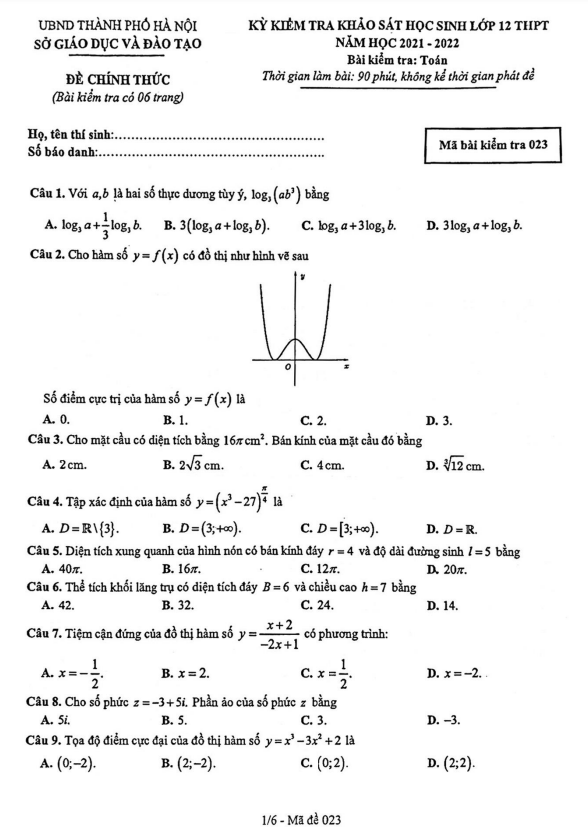 de khao sat chat luong lop 12 mon toan nam 2021 2022 so gd dt ha noi d