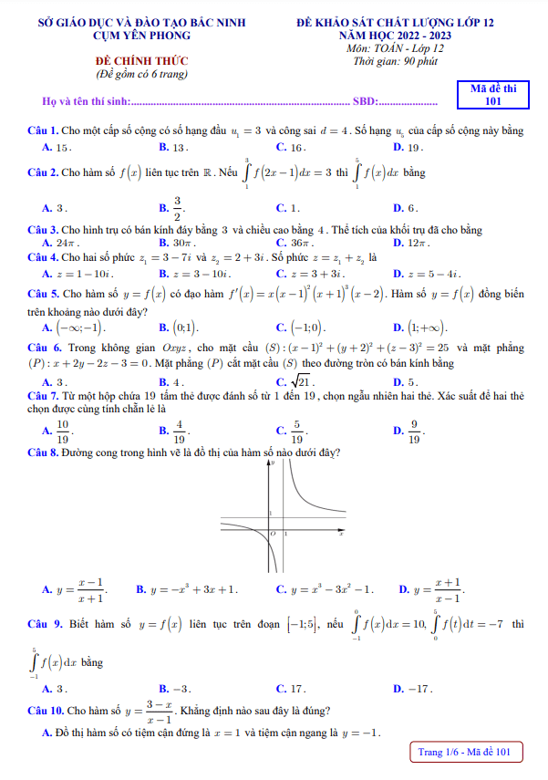 de khao sat chat luong lop 12 mon toan nam 2022 2023 cum yen phong bac ninh d