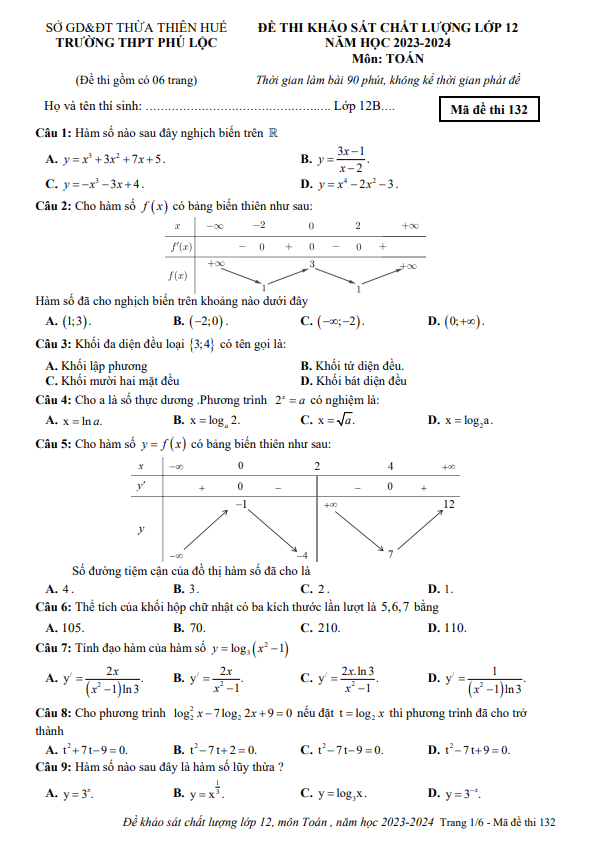 de khao sat chat luong lop 12 mon toan nam 2023 2024 truong thpt phu loc tt hue d