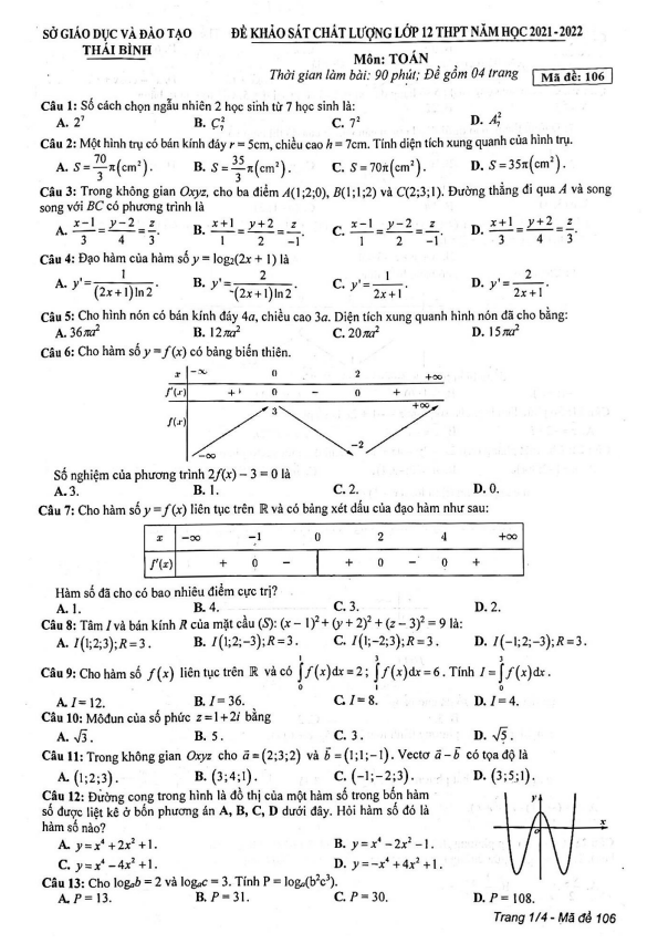 de khao sat chat luong lop 12 mon toan thpt nam 2021 2022 so gd dt thai binh d