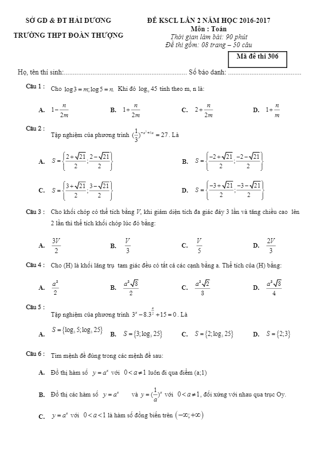 de khao sat chat luong lop 12 mon toan truong doan thuong hai duong lan 2 d