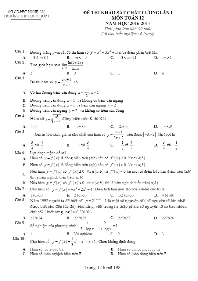 Đề khảo sát chất lượng lớp 12 môn Toán trường THPT Quỳ Hợp 1 Nghệ An lần 1 3 de khao sat chat luong lop 12 mon toan truong thpt quy hop 1 nghe an lan 1 d