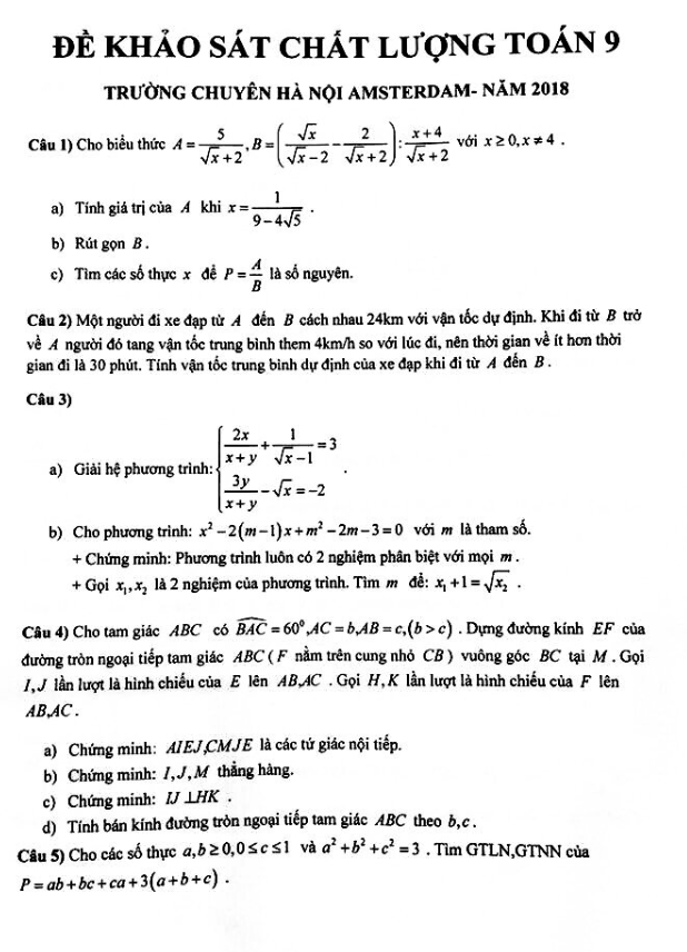 Đề khảo sát chất lượng lớp 9 môn Toán năm 2018 trường THPT chuyên Hà Nội Amsterdam 1 de khao sat chat luong lop 9 mon toan nam 2018 truong thpt chuyen ha noi amsterdam d