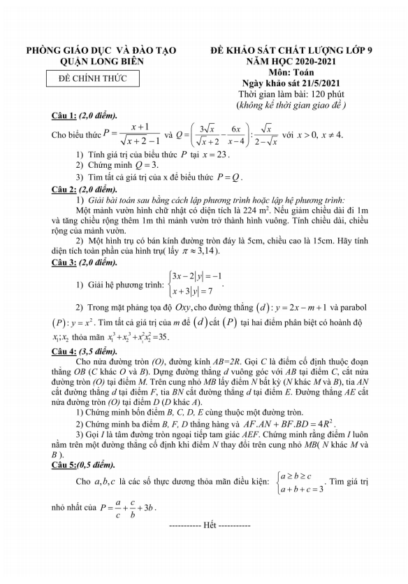 de khao sat chat luong lop 9 mon toan nam 2020 2021 phong gd dt long bien ha noi d