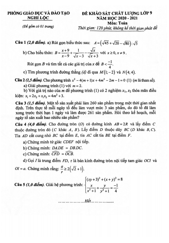 de khao sat chat luong lop 9 mon toan nam 2020 2021 phong gd dt nghi loc nghe an d