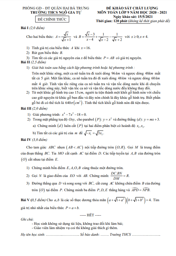 Đề khảo sát chất lượng lớp 9 môn Toán năm 2020 2021 trường Ngô Gia Tự Hà Nội 6 de khao sat chat luong lop 9 mon toan nam 2020 2021 truong ngo gia tu ha noi d