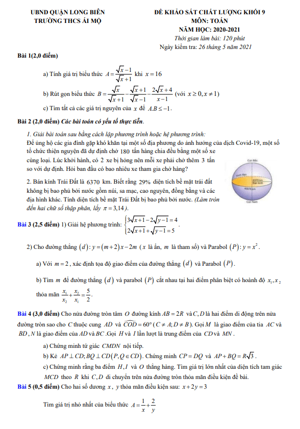 Đề khảo sát chất lượng lớp 9 môn Toán năm 2020 2021 trường THCS Ái Mộ Hà Nội 2 de khao sat chat luong lop 9 mon toan nam 2020 2021 truong thcs ai mo ha noi d