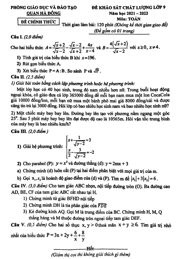 de khao sat chat luong lop 9 mon toan nam 2021 2022 phong gd dt ha dong ha noi d