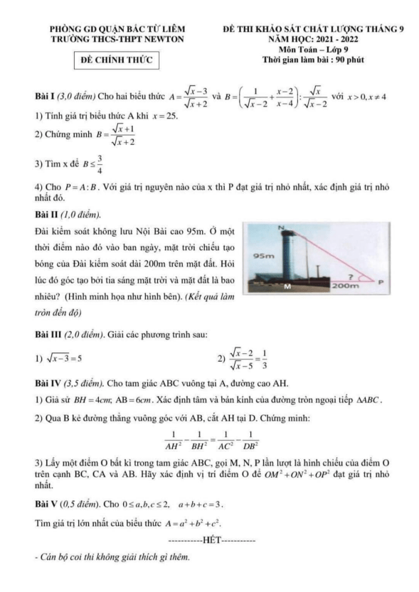 de khao sat chat luong lop 9 mon toan nam 2021 2022 truong thcs thpt newton ha noi d