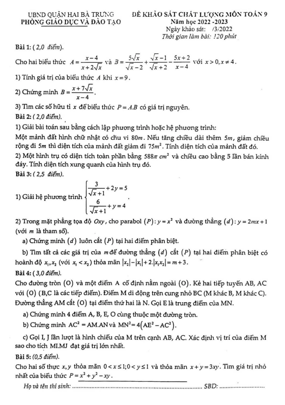 de khao sat chat luong lop 9 mon toan nam 2022 2023 phong gd dt hai ba trung ha noi d