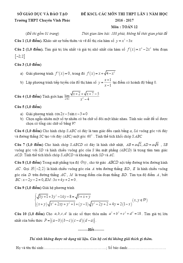 de khao sat chat luong mon toan truong chuyen vinh phuc lan 1 d