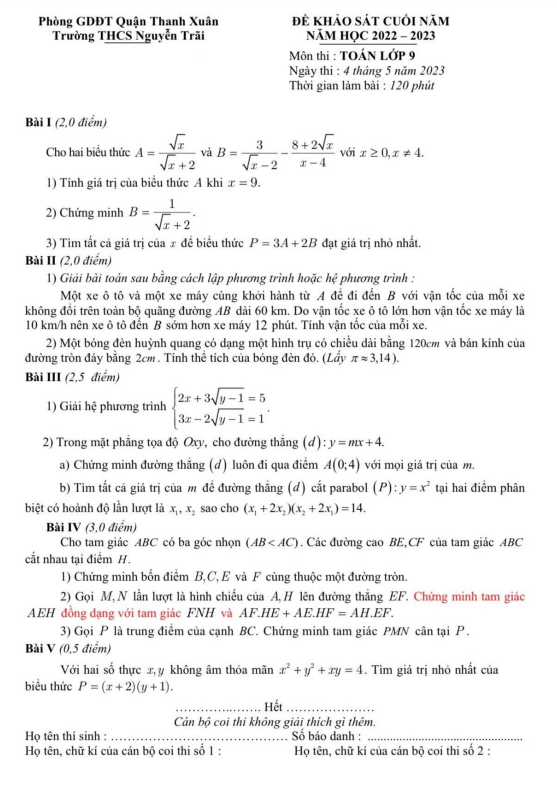 de khao sat cuoi nam lop 9 mon toan nam 2022 2023 truong thcs nguyen trai ha noi d