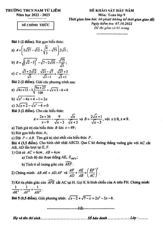 de khao sat dau nam lop 9 mon toan nam 2022 2023 truong thcs nam tu liem ha noi d