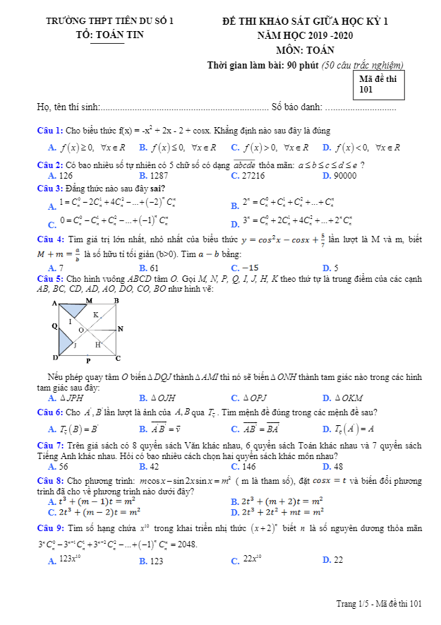 de khao sat giua hoc ki 1 hk1 lop 11 mon toan nam 2019 2020 truong tien du 1 bac ninh d