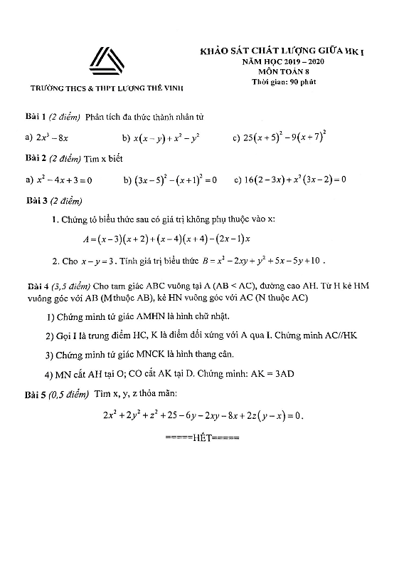 de khao sat giua hoc ki 1 hk1 lop 8 mon toan nam 2019 2020 truong luong the vinh ha noi d