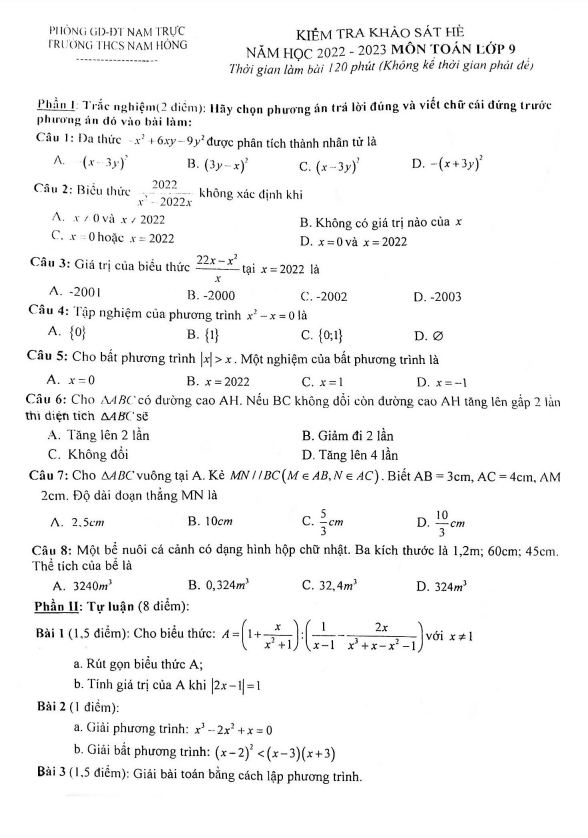 de khao sat he lop 9 mon toan nam 2022 2023 truong thcs nam hong nam dinh d