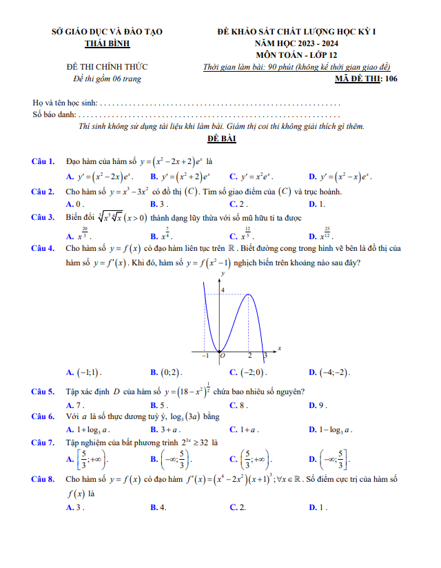 de khao sat hoc ki 1 hk1 lop 12 mon toan nam 2023 2024 so gd dt thai binh d