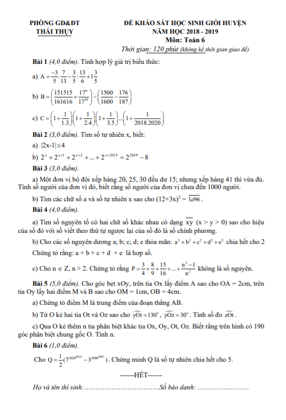 de khao sat hsg huyen lop 6 mon toan nam 2018 2019 phong gd dt thai thuy thai binh d