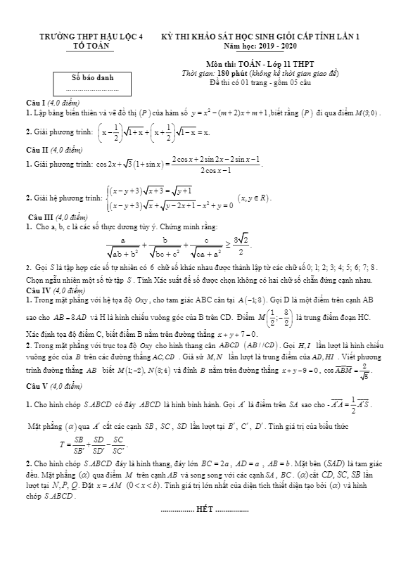 de khao sat hsg lop 11 mon toan lan 1 nam 2019 2020 truong hau loc 4 thanh hoa d