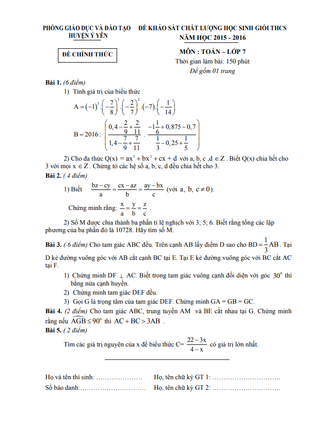 de khao sat hsg lop 7 mon toan nam 2015 2016 phong gd dt y yen nam dinh d