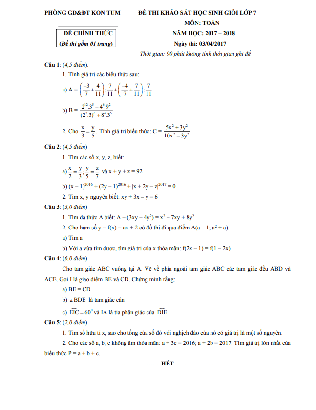 de khao sat hsg lop 7 mon toan nam 2017 2018 phong gd dt thanh pho kon tum d