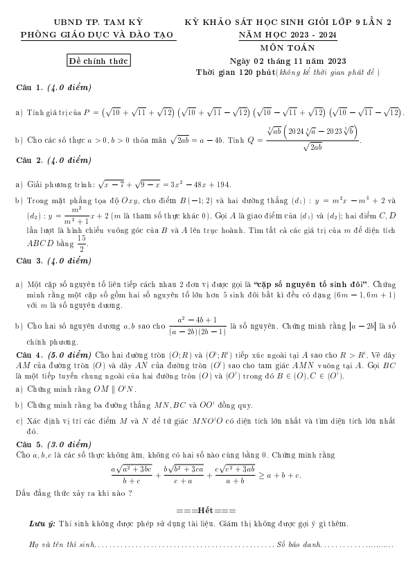 Đề khảo sát HSG lớp 9 môn Toán lần 2 năm 2023 2024 phòng GD ĐT Tam Kỳ Quảng Nam 8 de khao sat hsg lop 9 mon toan lan 2 nam 2023 2024 phong gd dt tam ky quang nam d