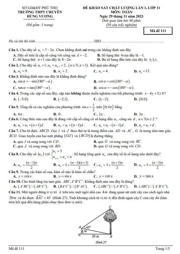Đề khảo sát lần 1 lớp 11 môn Toán năm 2023 2024 trường THPT chuyên Hùng Vương Phú Thọ 3 de khao sat lan 1 lop 11 mon toan nam 2023 2024 truong thpt chuyen hung vuong phu tho d