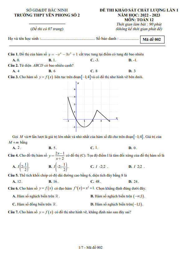 Đề khảo sát lần 1 lớp 12 môn Toán năm 2022 2023 trường THPT Yên Phong 2 Bắc Ninh 5 de khao sat lan 1 lop 12 mon toan nam 2022 2023 truong thpt yen phong 2 bac ninh d