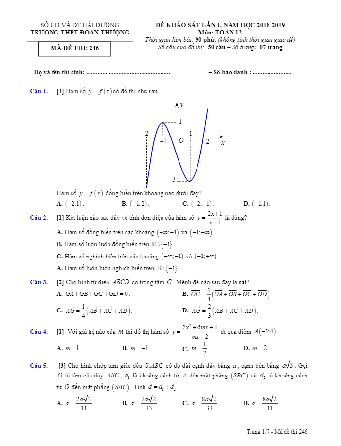 de khao sat lan 1 lop 12 mon toan nam hoc 2018 2019 truong thpt doan thuong hai duong d